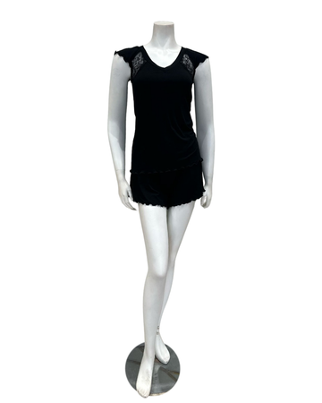 Oh! Zuza 4423 Black Sheer Lace Cap Sleeves Modal Pajamas Set Myselflingerie.com